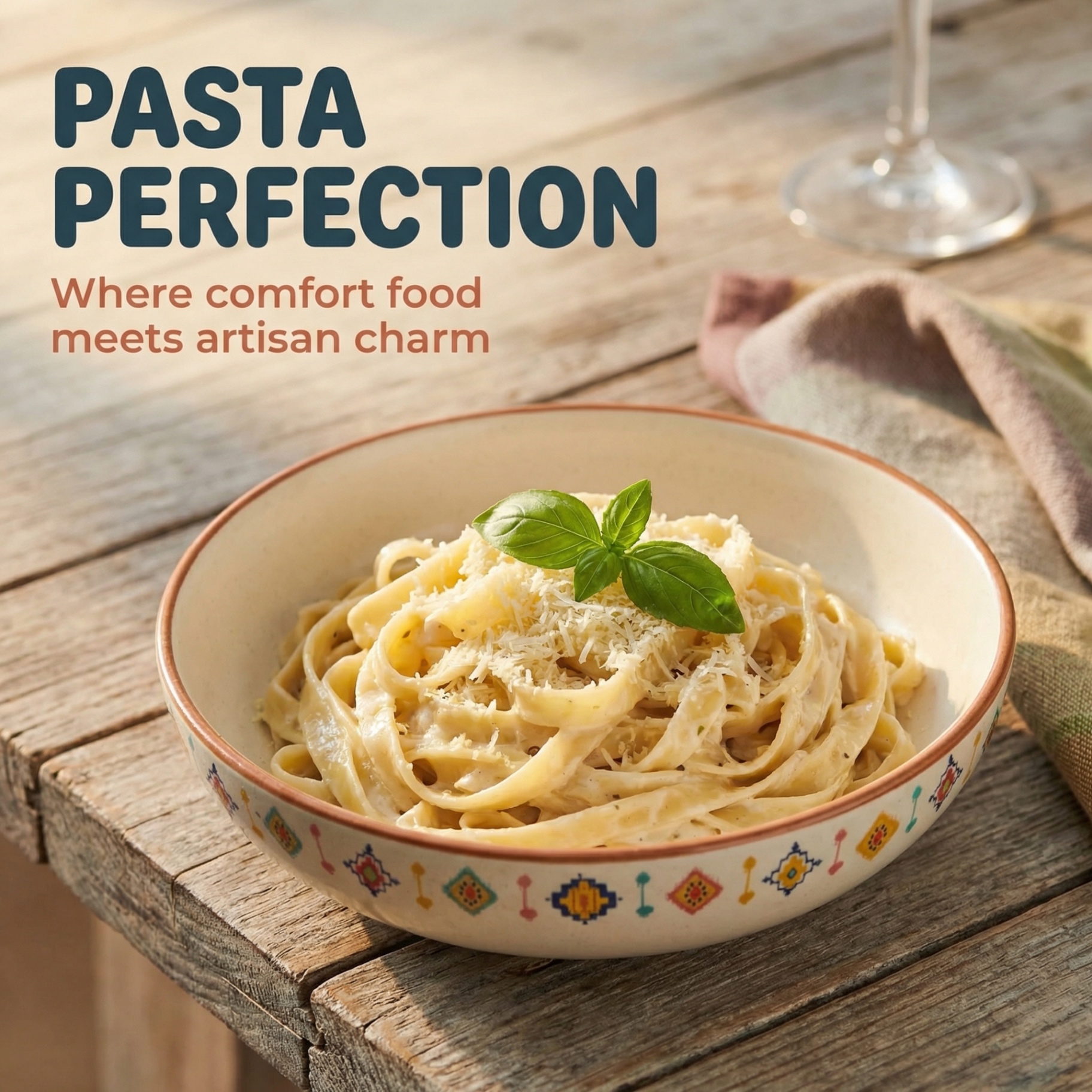 Creamy pasta carbonara with fresh basil in a decorative ceramic bowl on a rustic wooden table