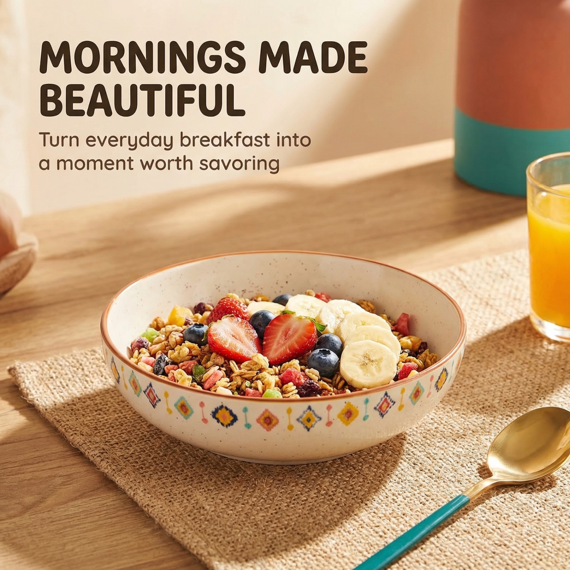 Healthy breakfast bowl with granola and fresh berries on a sunny wooden table