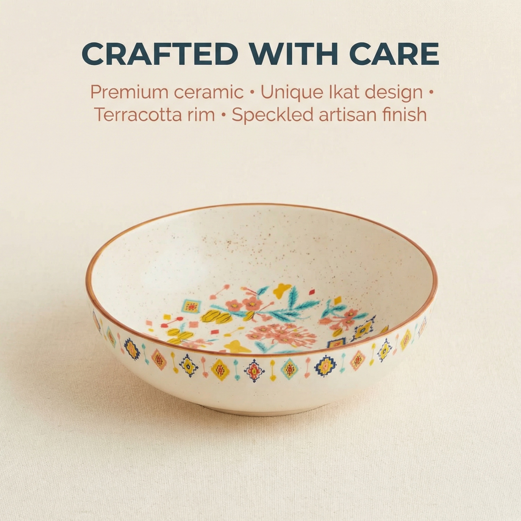 Premium Ikat design ceramic bowl with a unique speckled artisan finish