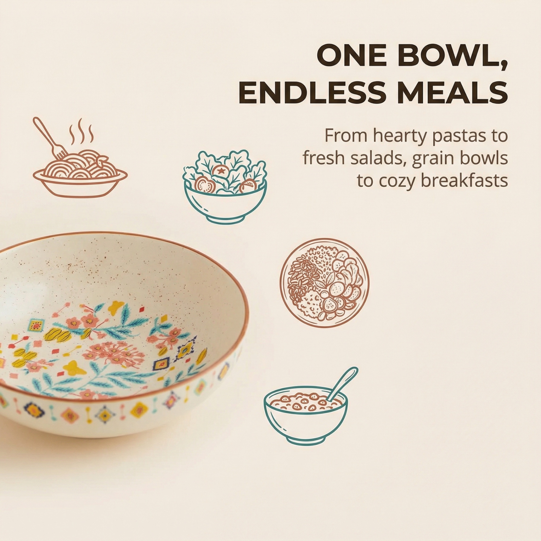 Display of versatile one-bowl meal ideas in a decorative floral-patterned ceramic bowl