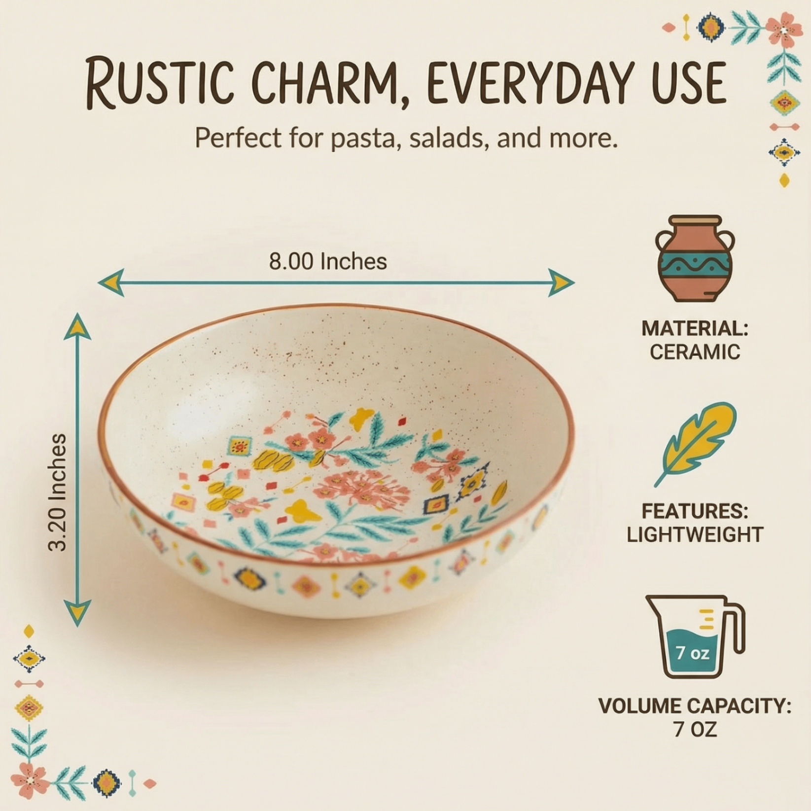 Rustic 8-inch floral ceramic bowl showcasing its depth and everyday dining appeal