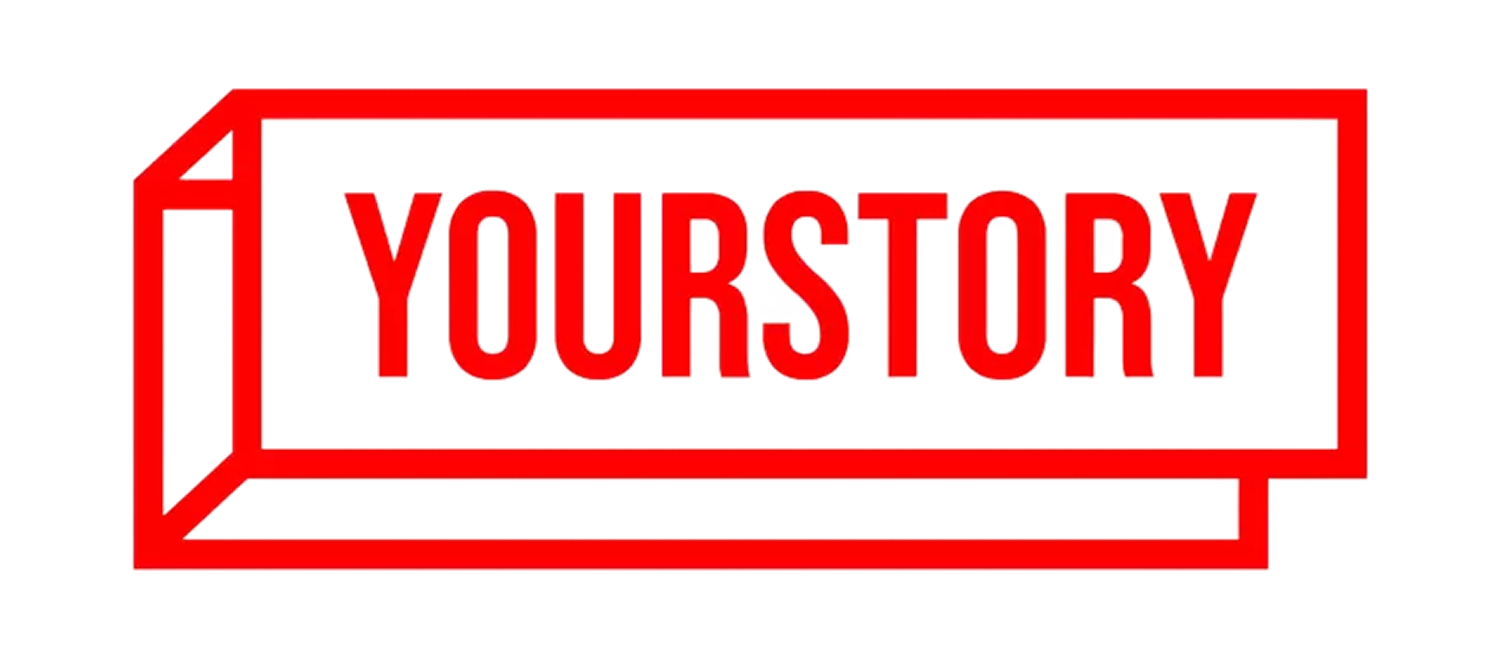 Red rectangular banner with YOURSTORY text displayed on black background for branding and storytelling purposes