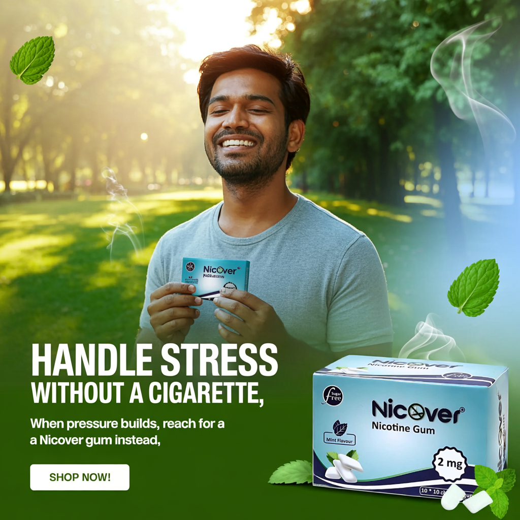 Nicover nicotine gum 2mg mint flavour for stress-triggered smoking cessation as a cigarette-free craving relief alternative