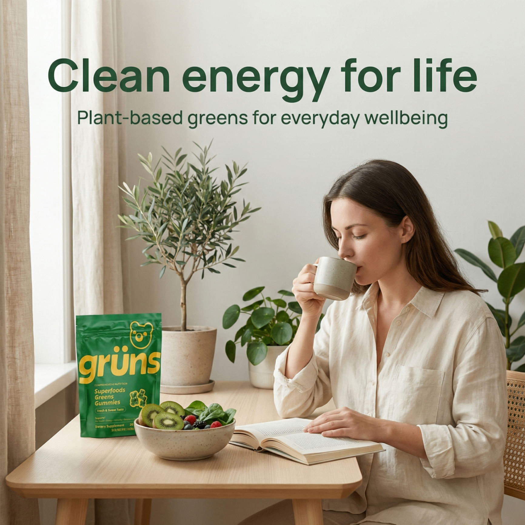 Gruns daily nutrition gummies clean energy for life EU market creative with European Union flag