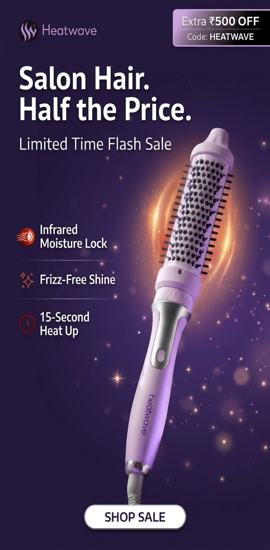Heatwave infrared hair styling brush flash sale with extra rupees 500 off for salon quality frizz-free shine at home