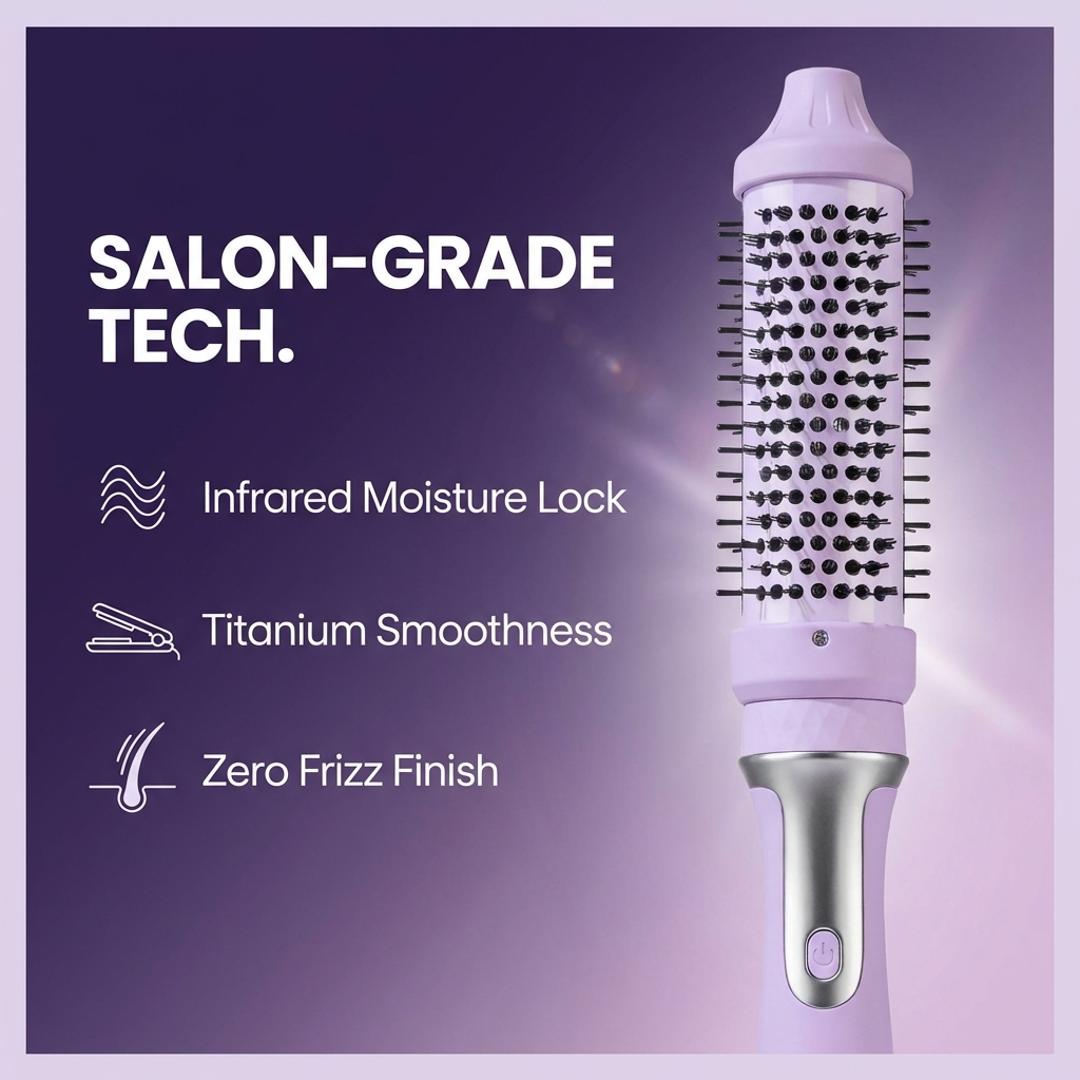 Salon grade infrared hair brush with titanium smoothness and zero frizz finish for professional quality styling at home