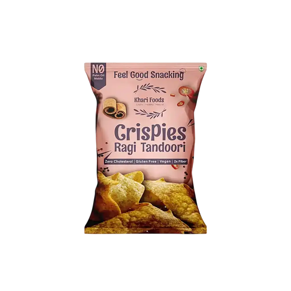 Khari Foods Ragi Tandoori Crispies guilt-free healthy gluten-free vegan snack with tandoori flavor for clean snacking