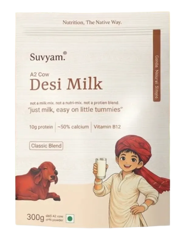 Suvyam Desi Cow A2 Milk Powder rich in A2 beta-casein protein for kids easy to digest with classic vanilla and chocolate flavours nutrition the native way