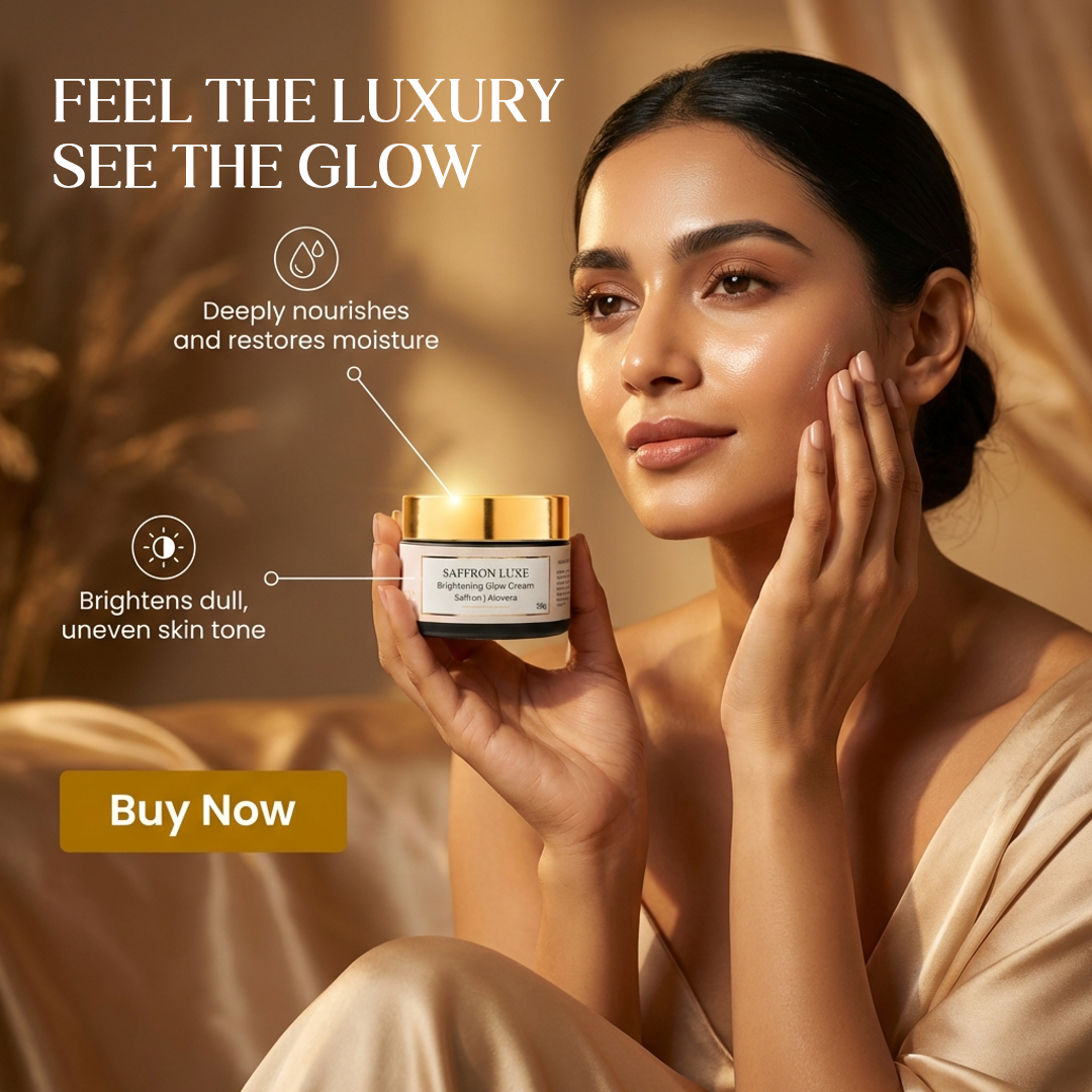 Saffron Luxe brightening glow cream ad featuring glowing skin model with deep nourishment and luxury saffron skincare results