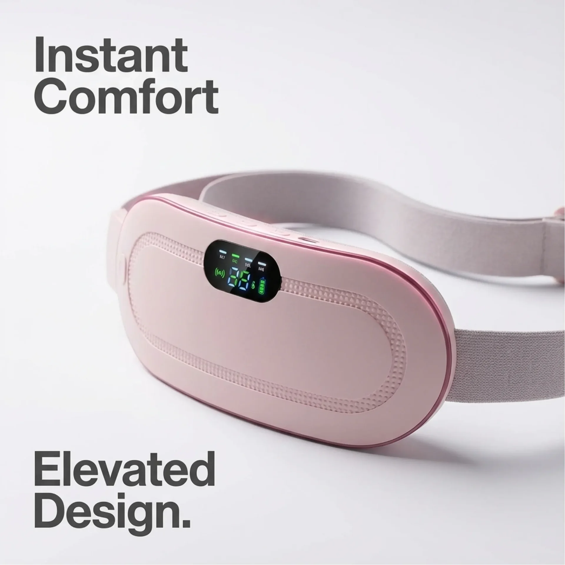 Wearable pain relief massager device in pink with digital display offering instant comfort and elevated modern design for women