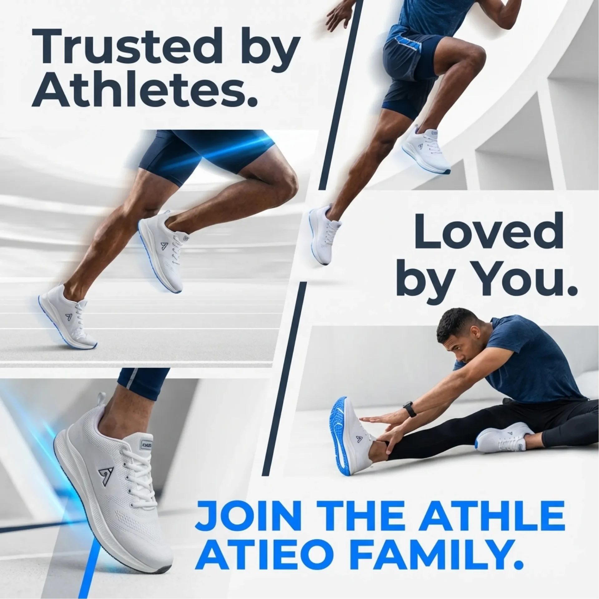 Athle Atieo white athletic running shoes trusted by athletes for performance training and everyday comfort