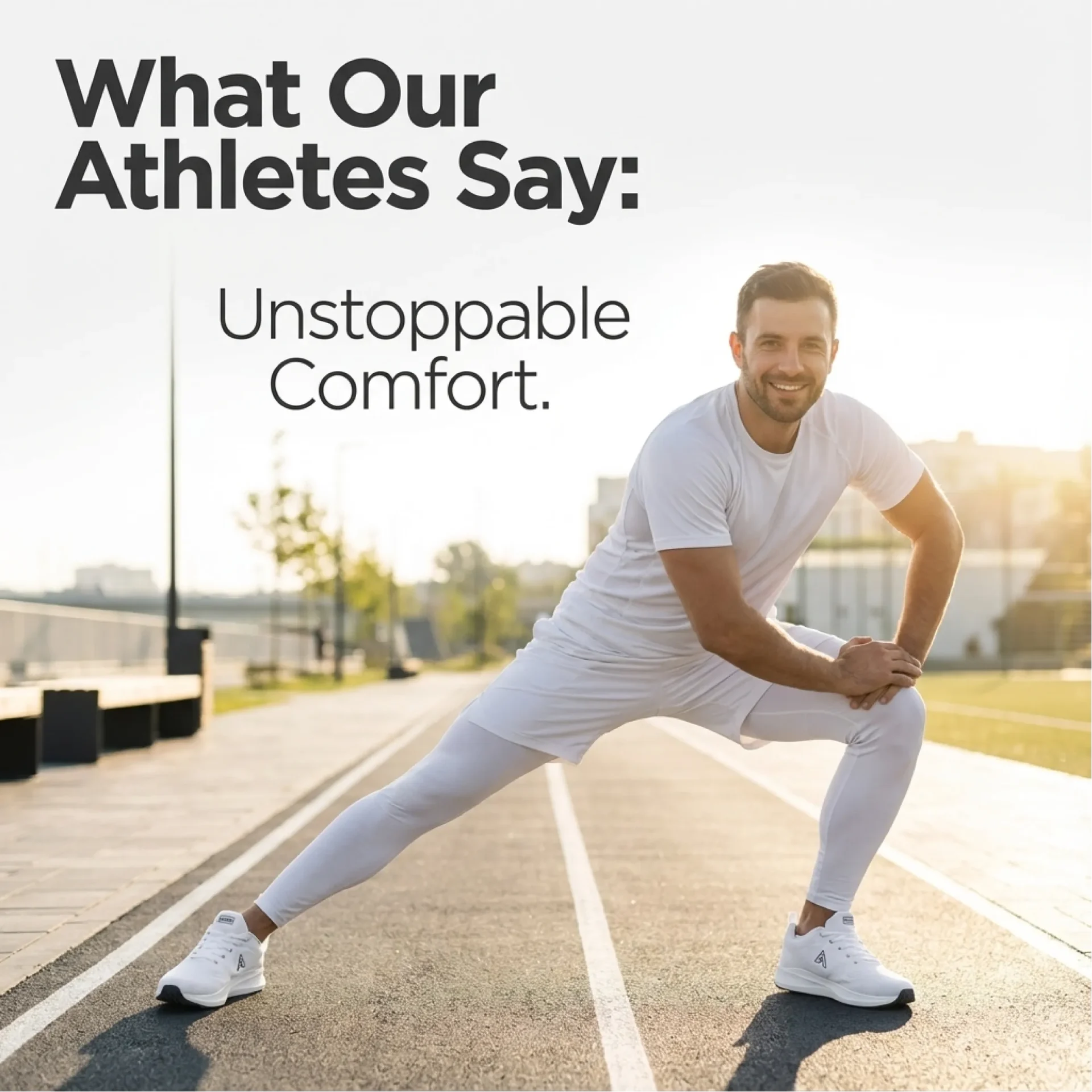 Athlete wearing white performance sneakers doing a lunge stretch on a track with unstoppable comfort testimonial for men's athletic footwear