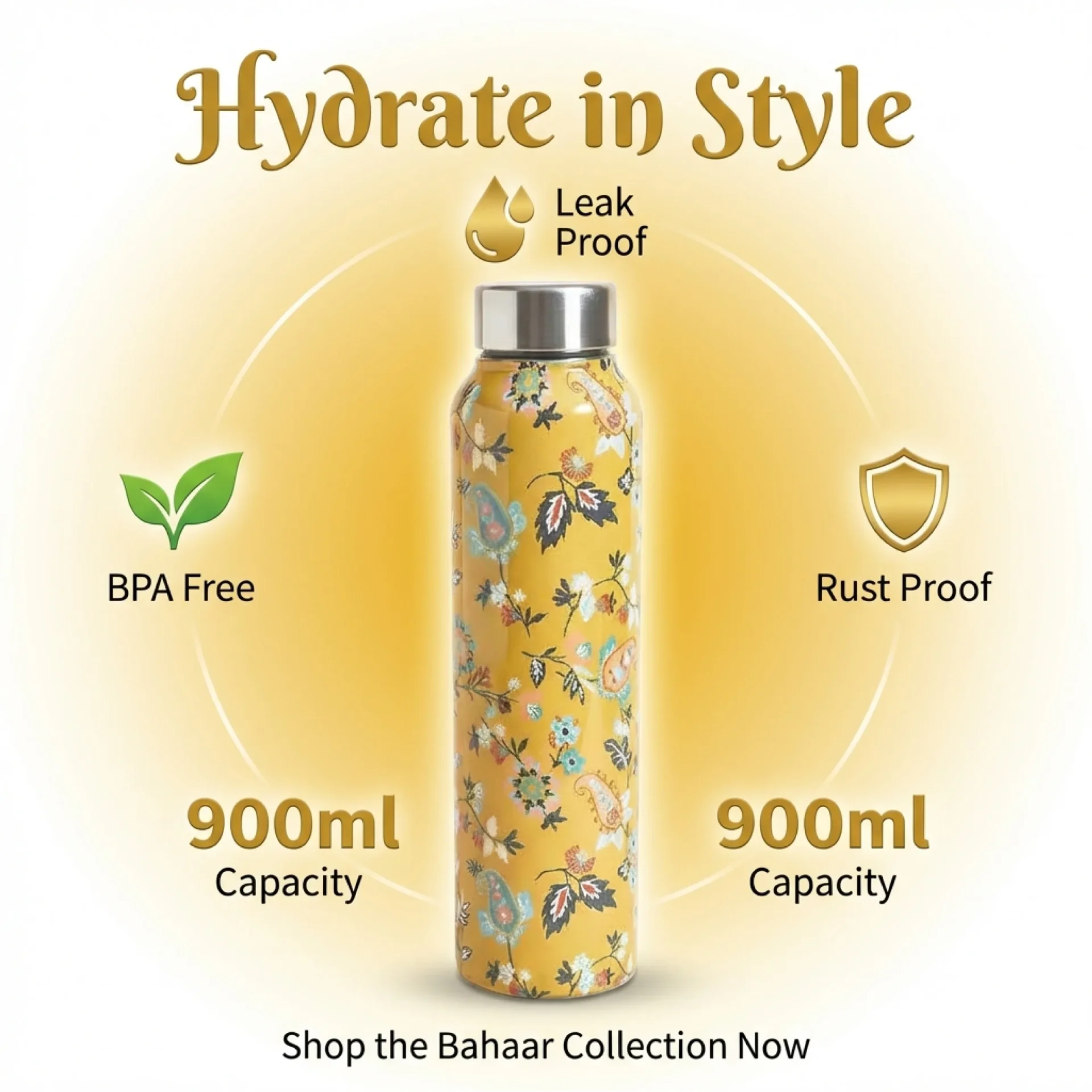 900ml BPA free leak proof rust proof floral printed stainless steel water bottle from Bahaar Collection for stylish daily hydration