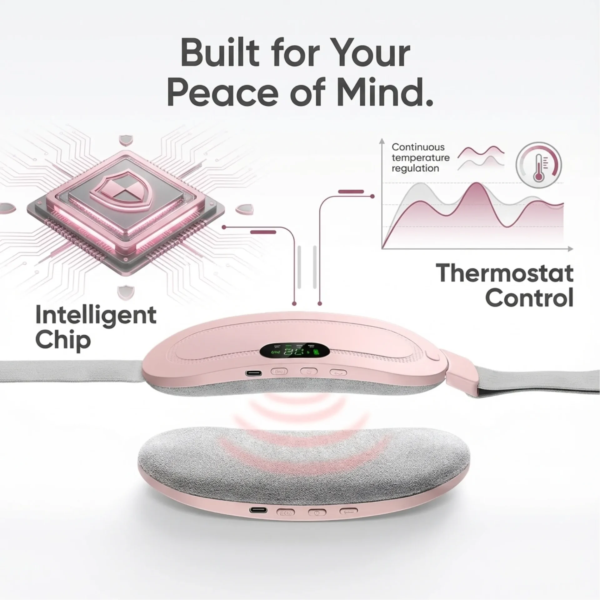 Smart pink heating pad with intelligent chip and thermostat control for continuous temperature regulation and safe pain relief therapy