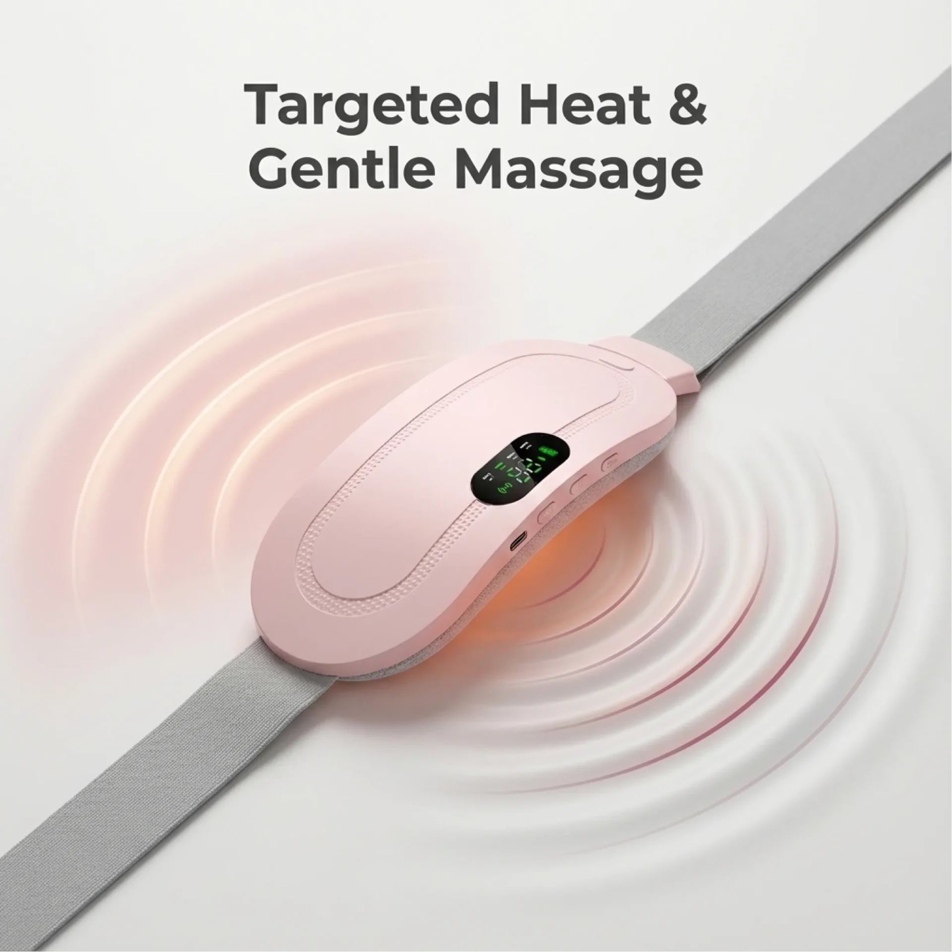 Pink wearable heat and massage therapy device with vibration waves for targeted menstrual cramp and pain relief
