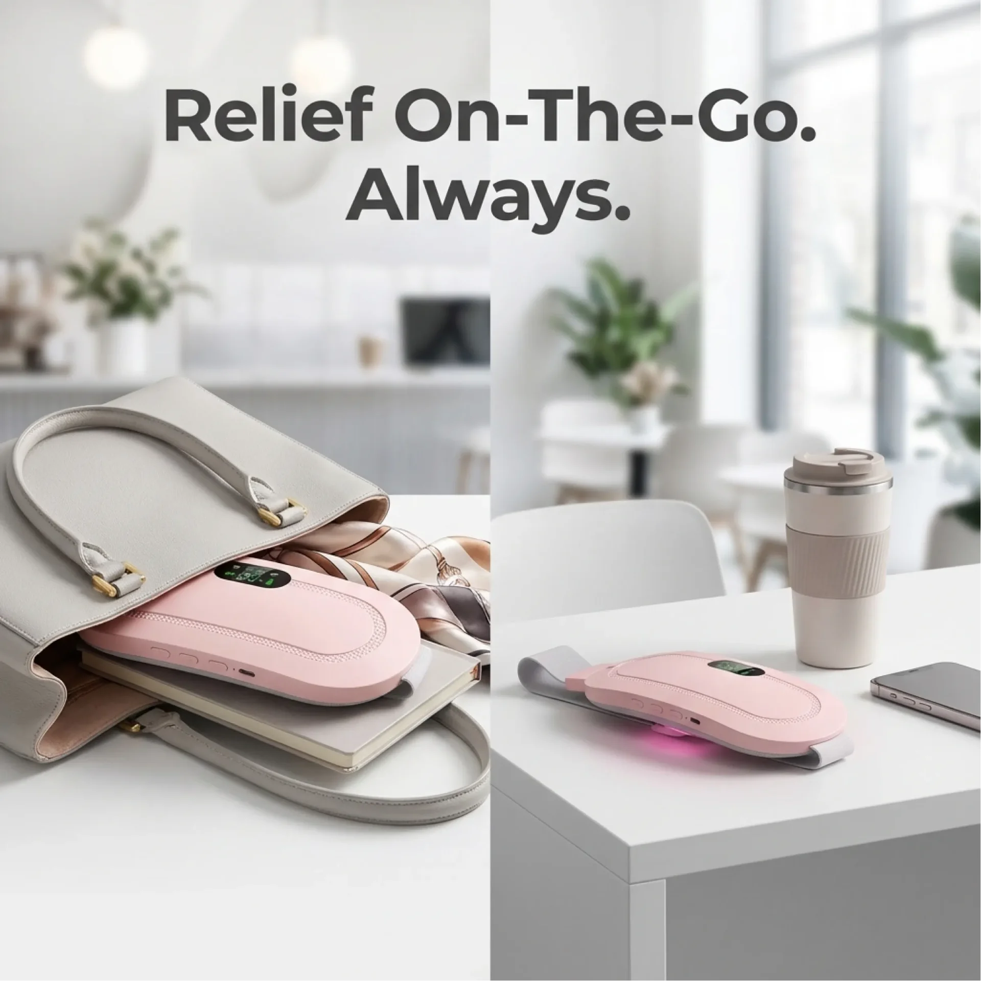 Portable pink pain relief device fitting inside handbag and desk for on-the-go women needing discreet all-day comfort