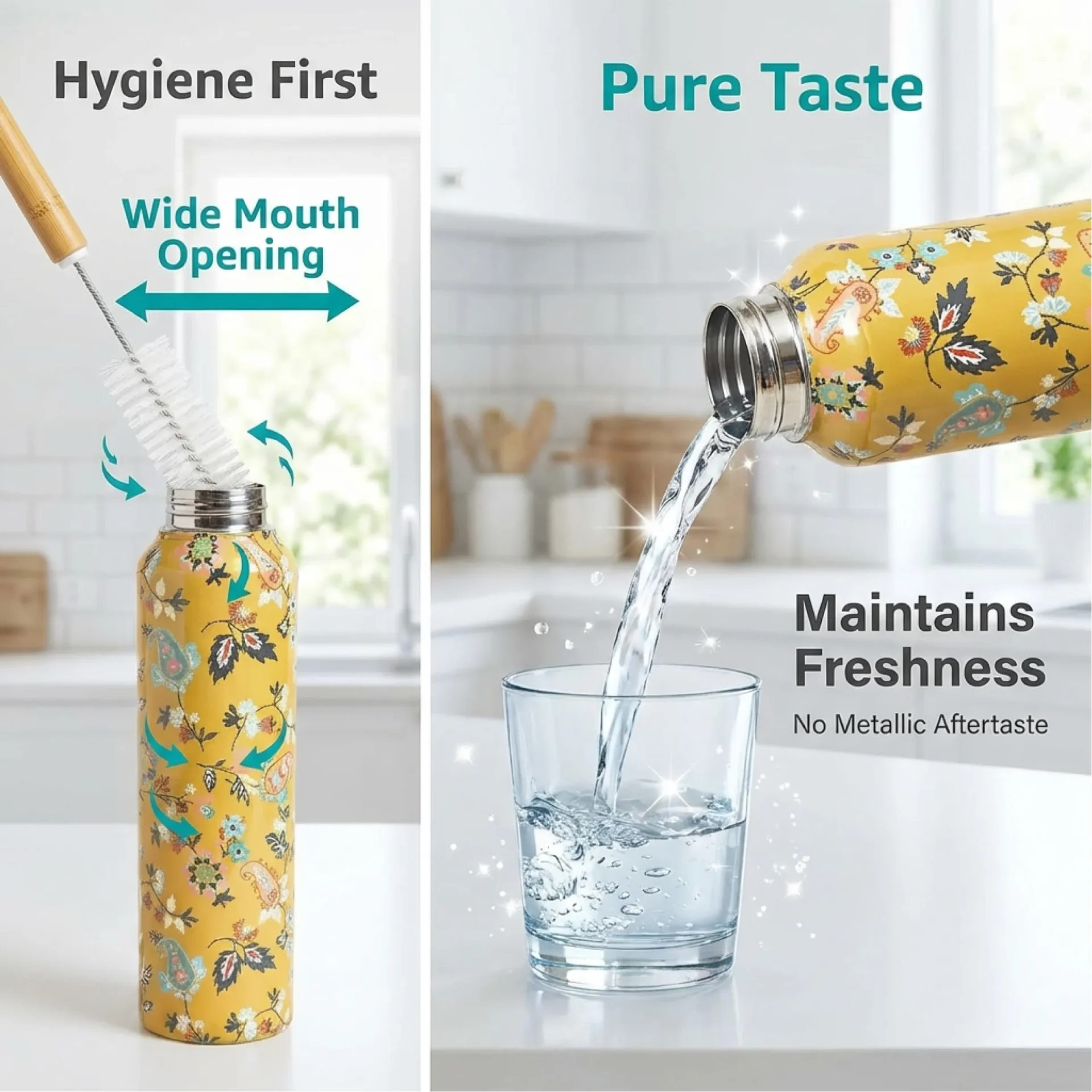 Stainless steel floral water bottle with wide mouth opening for easy cleaning no metallic aftertaste and fresh pure taste