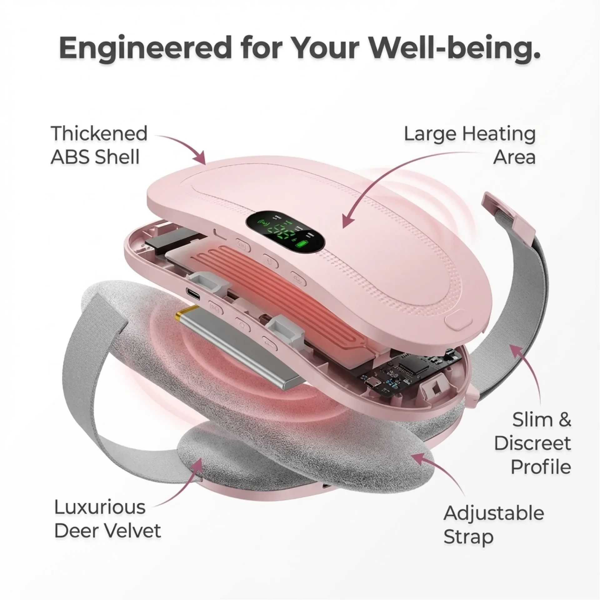 Wearable heat therapy pad with deer velvet lining large heating area and adjustable strap engineered for pain relief and daily well-being