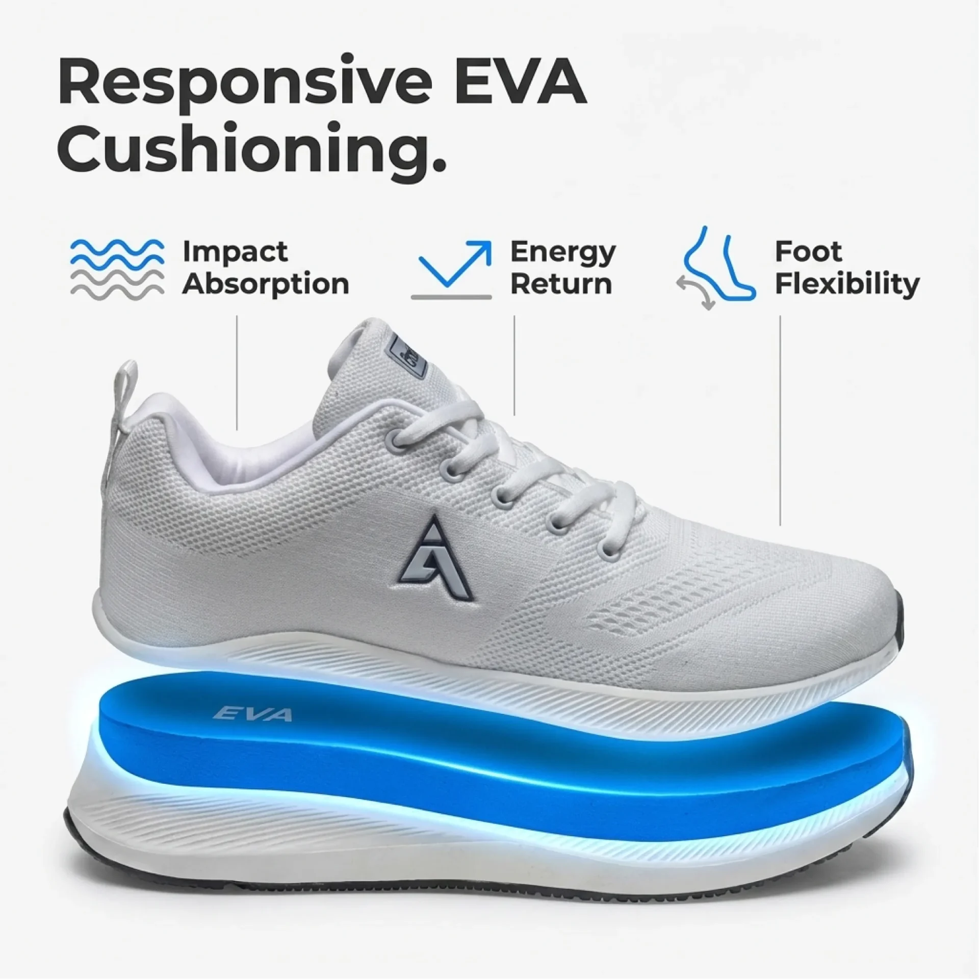 White running shoes with responsive EVA cushioning midsole offering impact absorption energy return and foot flexibility for athletic performance