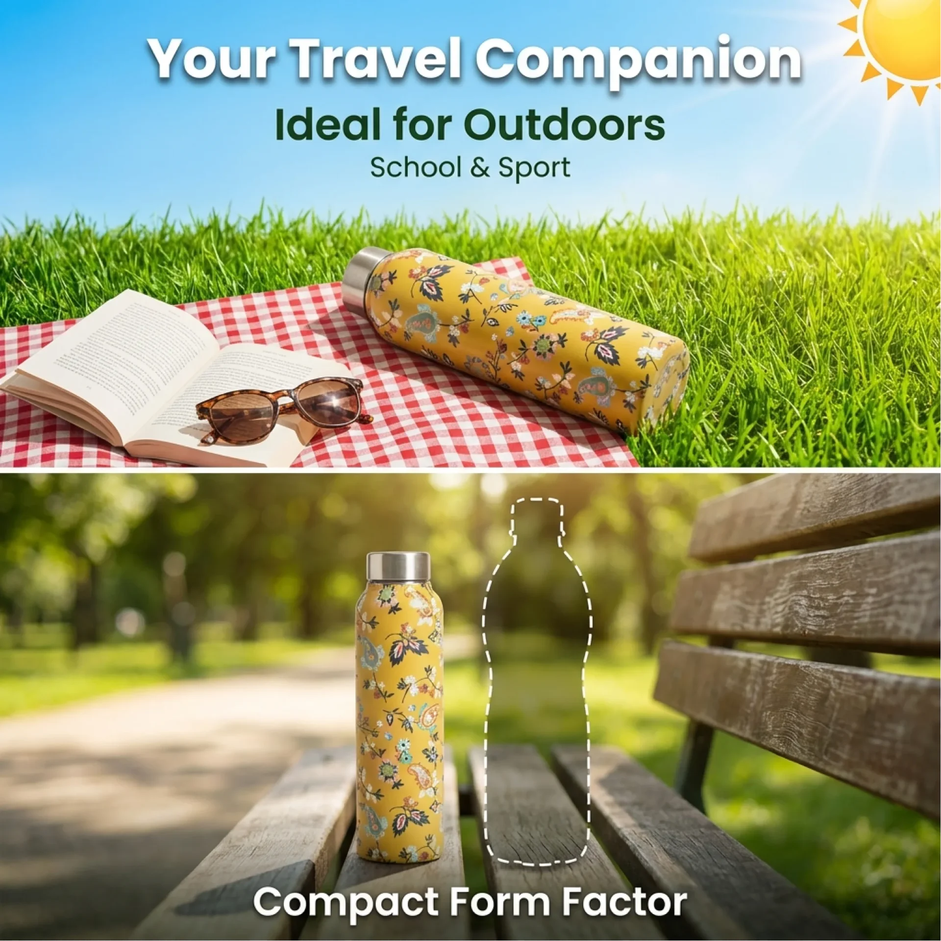 Compact floral insulated water bottle ideal for outdoor travel school and sports use shown in picnic and park settings