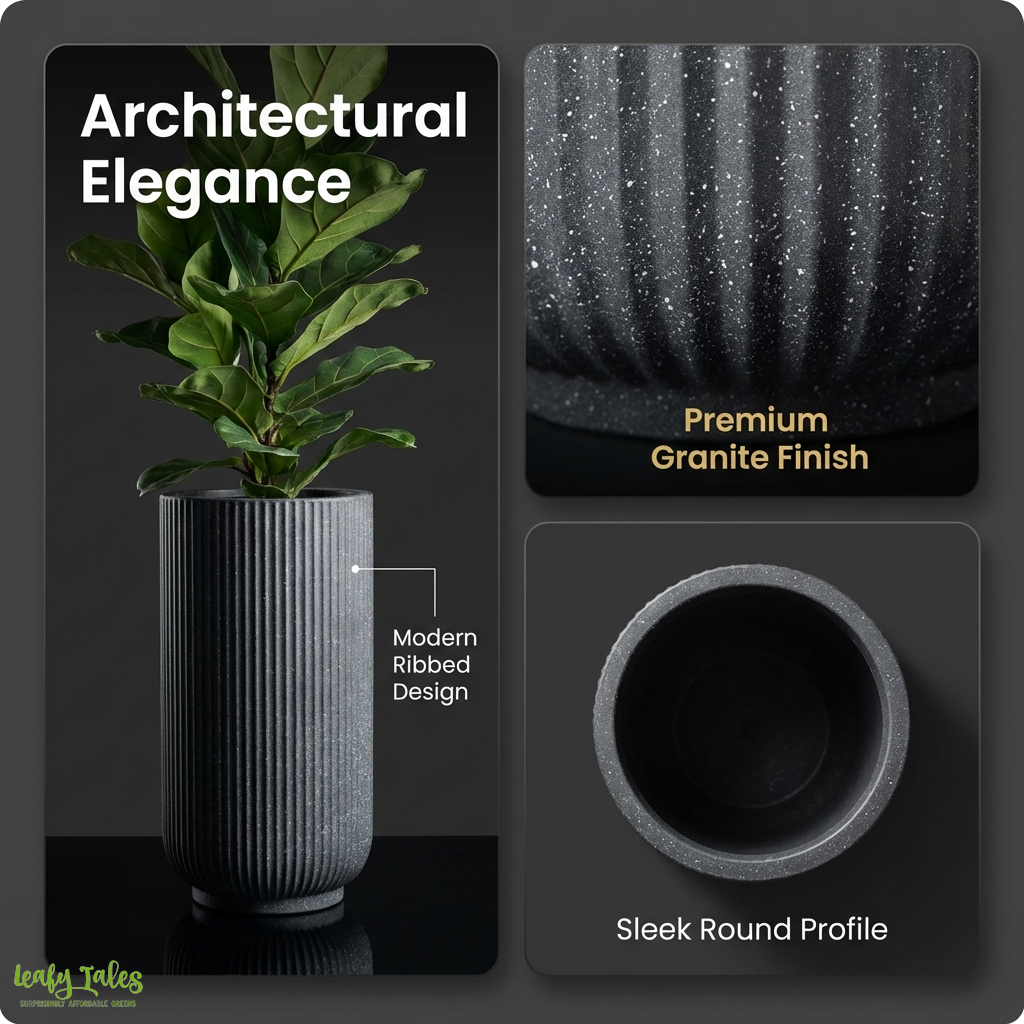 Architectural elegance ribbed planter with premium granite finish and sleek round profile by Leafy Tales for modern home decor