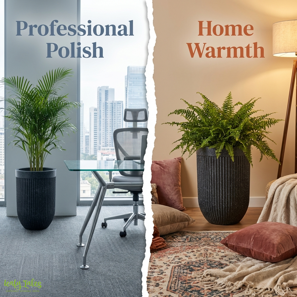 Versatile ribbed granite planter by Leafy Tales suited for both professional office spaces and cozy home living room decor