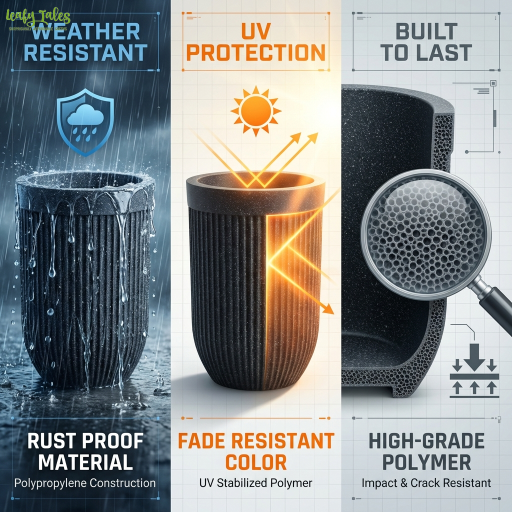 Weather resistant UV protected rust proof outdoor planter made from high grade polypropylene polymer for long lasting garden use