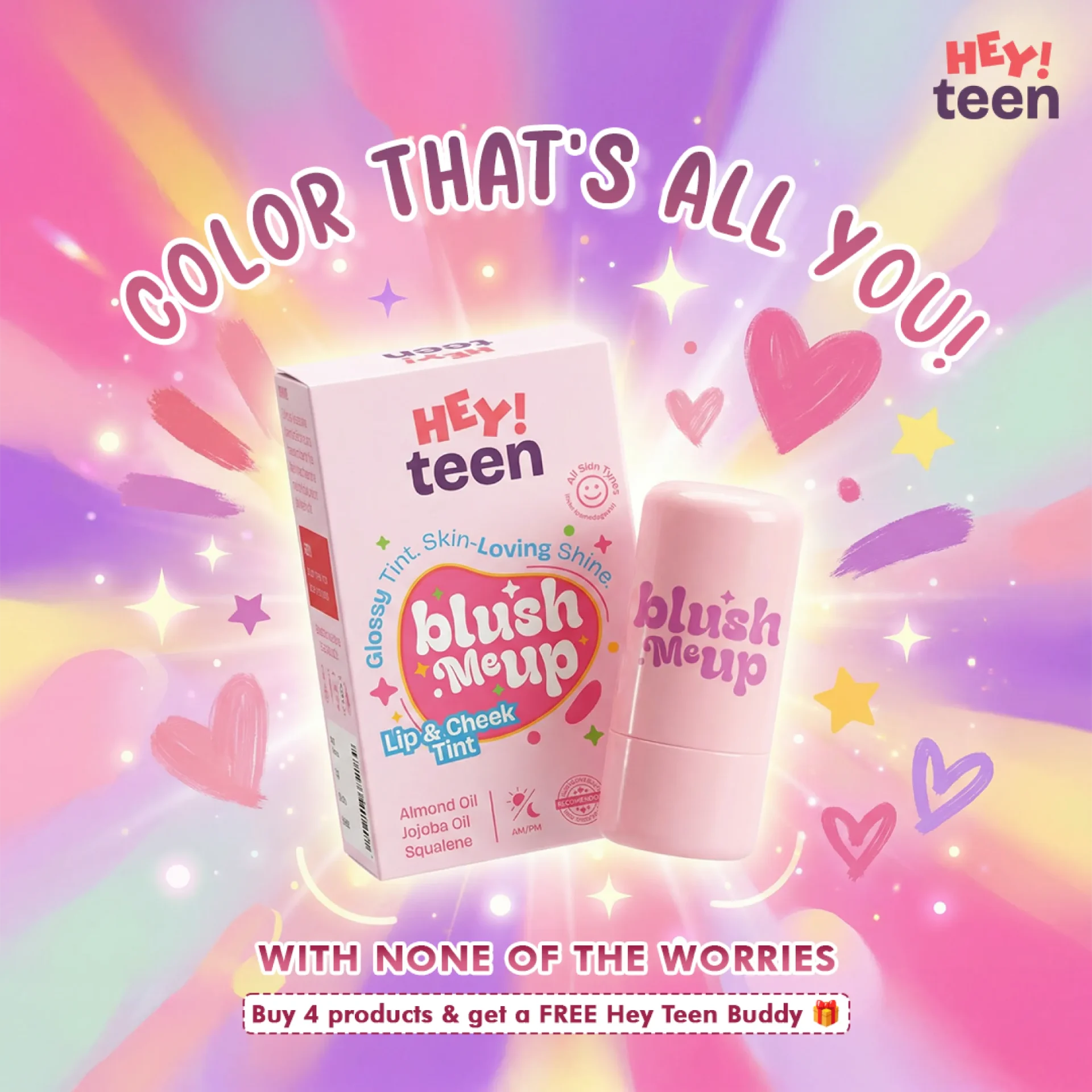 Hey Teen blush me up glossy lip and cheek tint with skin loving almond oil jojoba oil formula for worry free teen self expression
