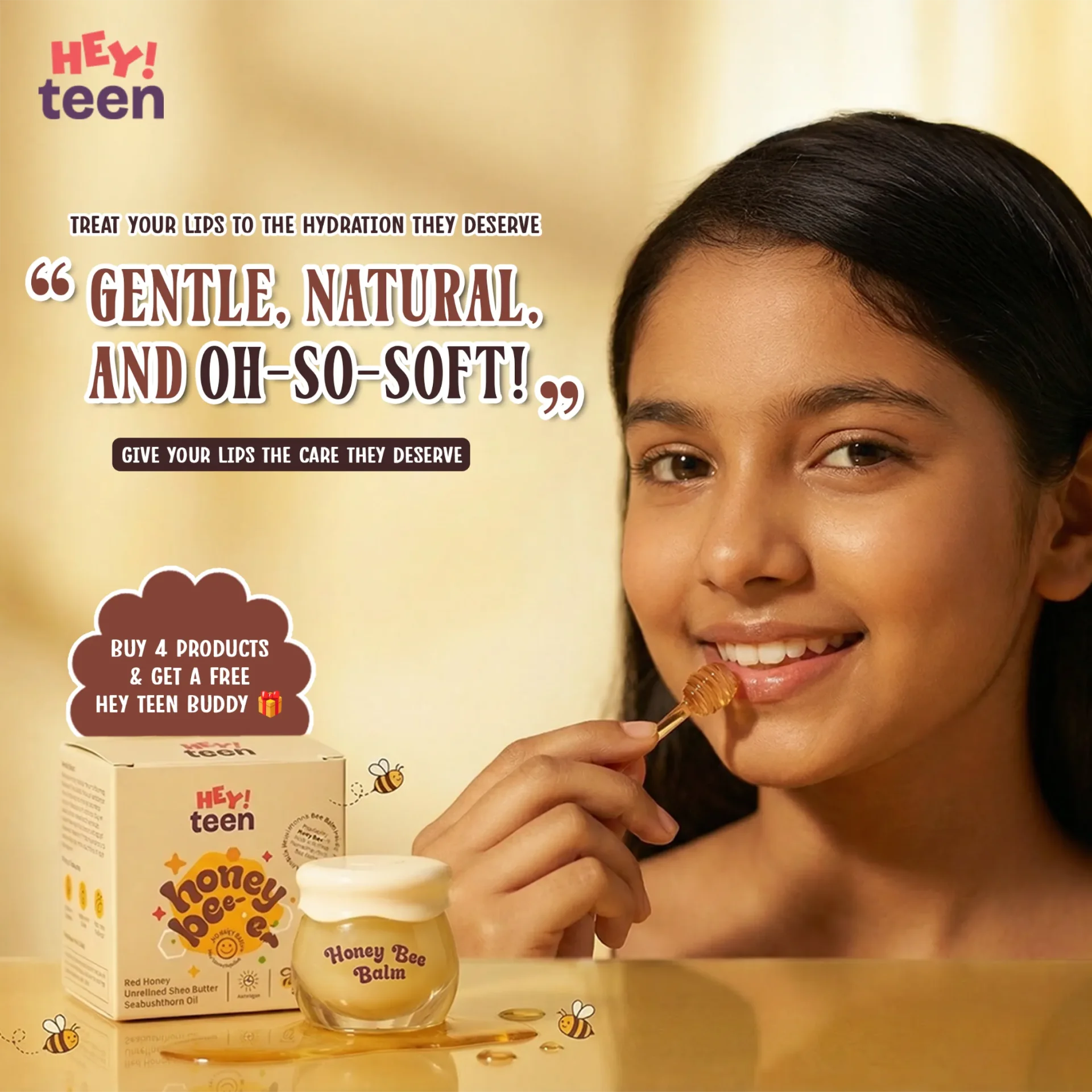 Hey Teen honey bee balm gentle natural lip balm with red honey shea butter and seabushthorn oil for soft hydrated teen lips