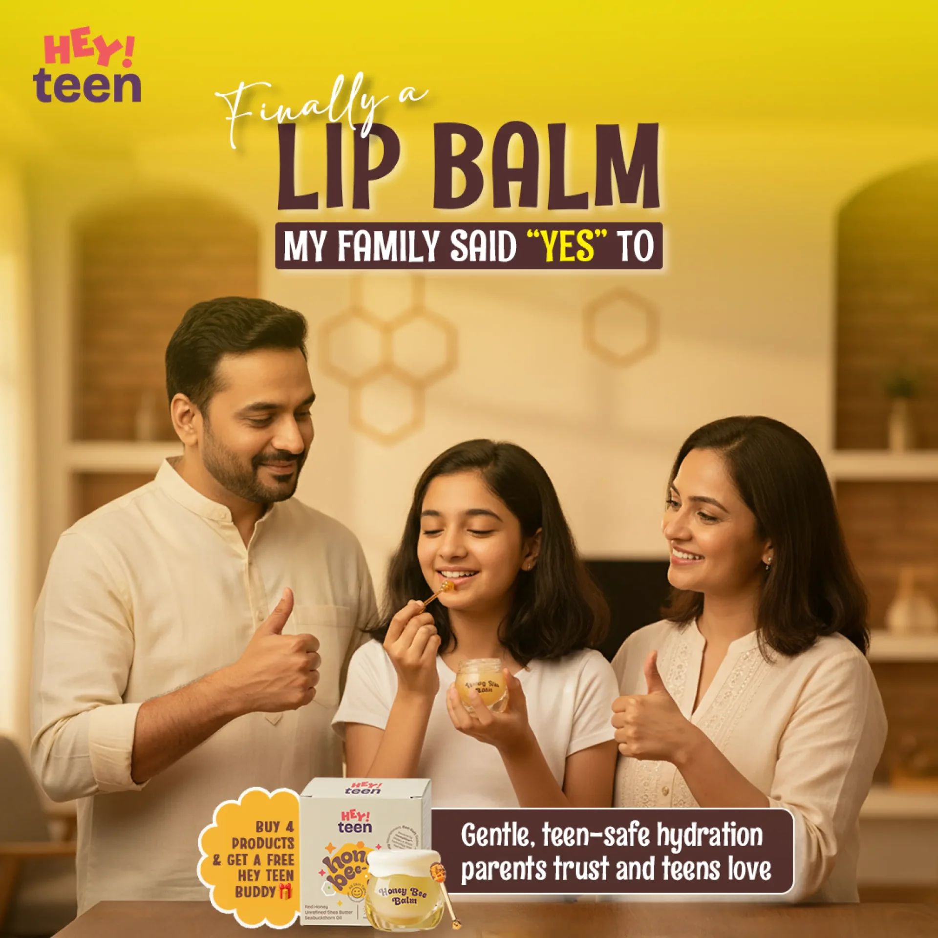 Hey Teen Honey Bee Balm gentle teen-safe lip hydration balm parents trust and teens love with natural honey ingredients