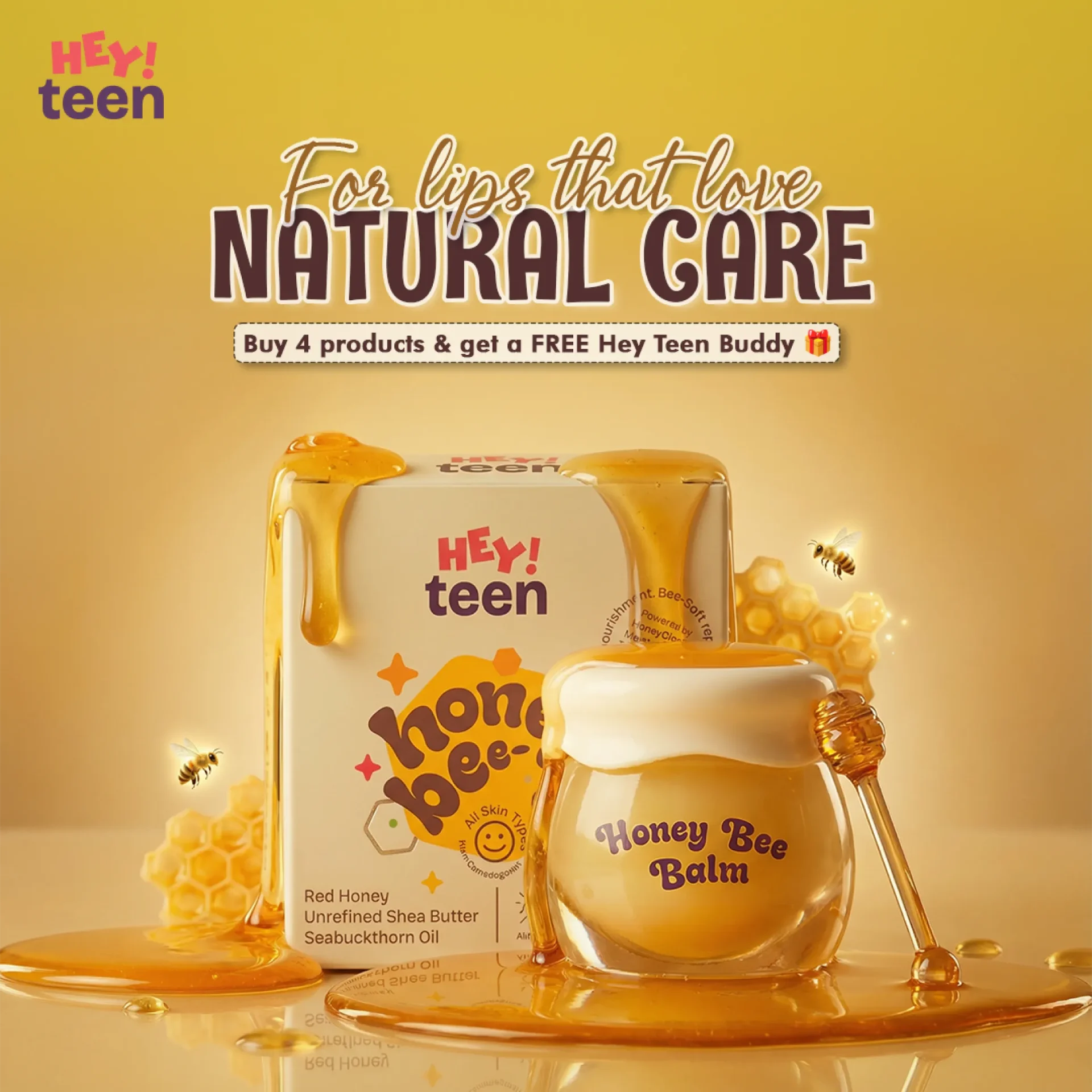 Hey Teen Honey Bee Balm natural lip care with red honey shea butter and seabuckthorn oil for all skin types teens