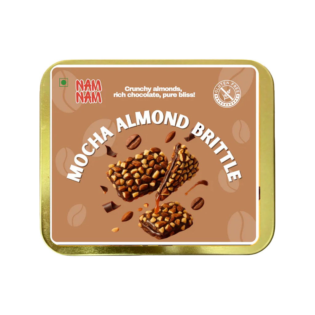 Nam Nam mocha almond brittle with 60 percent protein-rich almonds coated in Belgian chocolate as a healthy indulgent premium snack treat