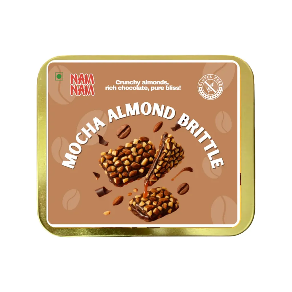 Nam Nam mocha almond brittle with 60 percent protein-rich almonds coated in Belgian chocolate as a healthy indulgent premium snack treat
