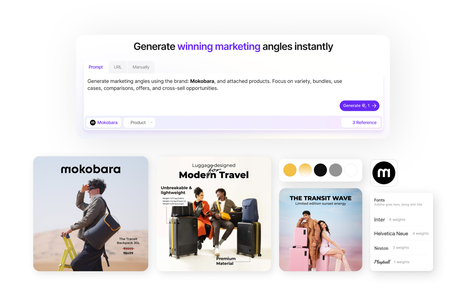 Screenshot of an AI marketing angle generator tool for Mokobara luggage showing product campaigns featuring travel backpacks and suitcases with brand fonts and modern design assets.