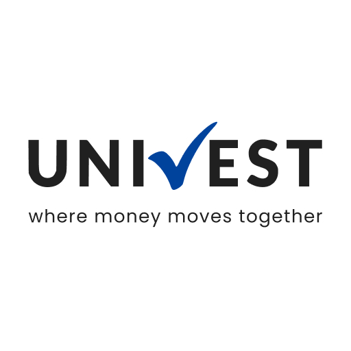 Univest financial services logo featuring the company name in bold black letters with a blue checkmark symbol and tagline where money moves together.