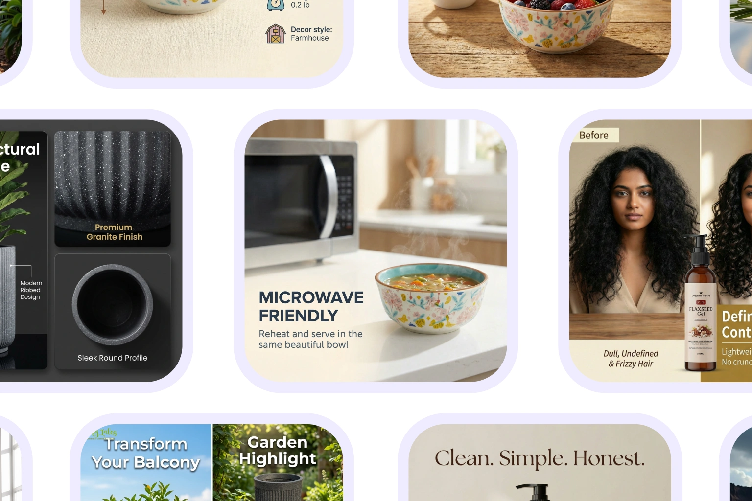 Grid of product cards displaying kitchen bowls with farmhouse decor style, microwave friendly dinnerware, hair care solutions, and home improvement ideas for modern living spaces.