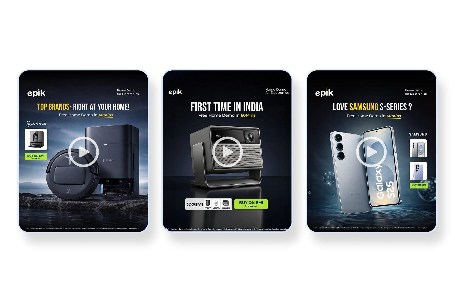 Three Epik home demo promotional banners showcasing Govee smart appliances, Xgimi projector, and Samsung S-Series smartphones with free in-home demonstrations and EMI purchase options.