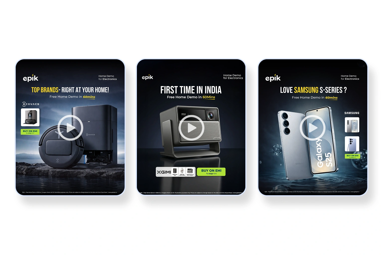 Three Epik home demo promotional banners showcasing Govee smart appliances, Xgimi projector, and Samsung S-Series smartphones with free in-home demonstrations and EMI purchase options.