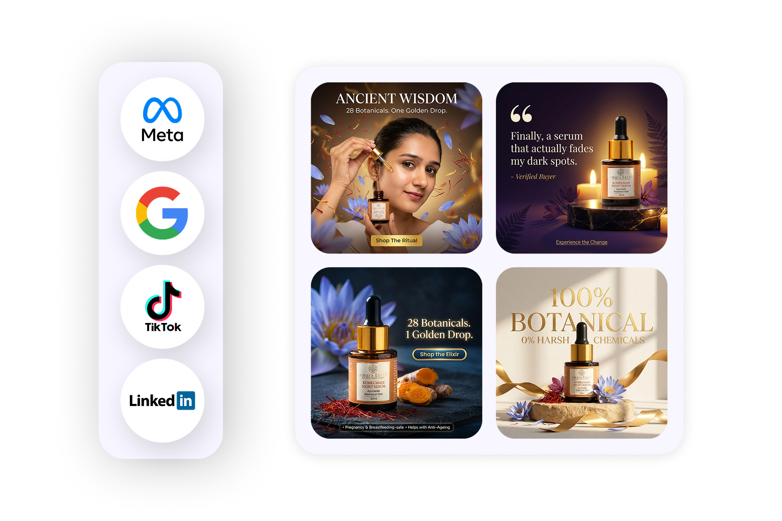 Social media platform icons including Meta Google and TikTok displayed alongside botanical skincare product advertisements featuring serums with ancient wisdom and natural ingredients.