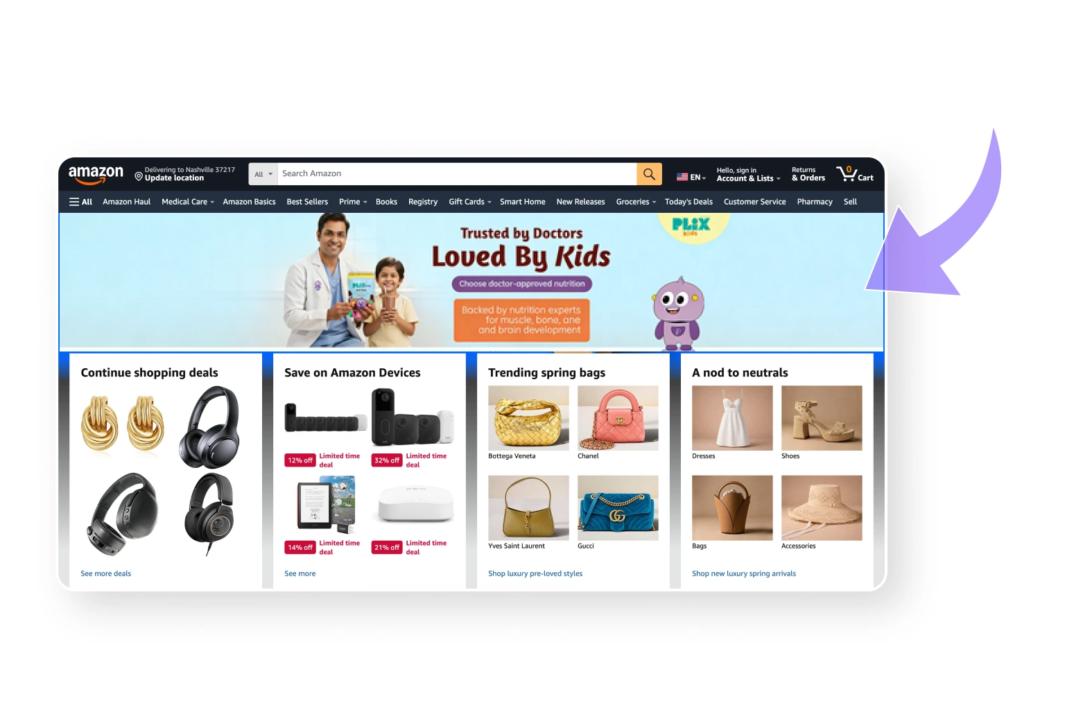 Amazon homepage featuring trusted doctor-approved products loved by kids with deals on electronics, Amazon devices, spring bags, and neutral luxury fashion items.
