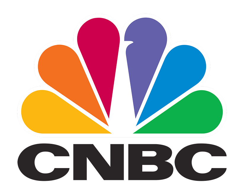 CNBC logo featuring a colorful peacock design with yellow orange red purple blue and green feathers representing business news media and financial broadcasting.